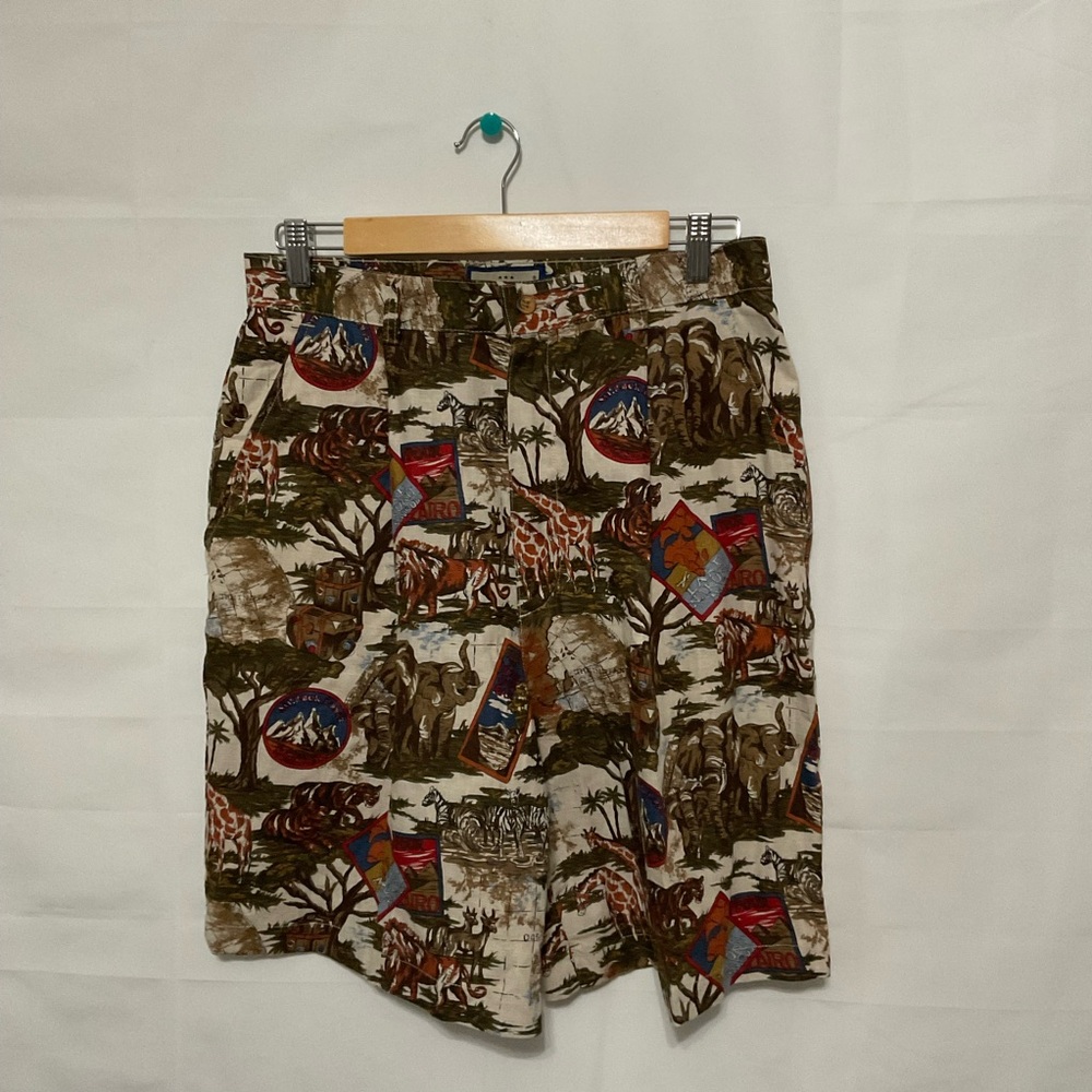 Safari Print Vintage Linen and cotton blend pleated tailored shorts Size 12